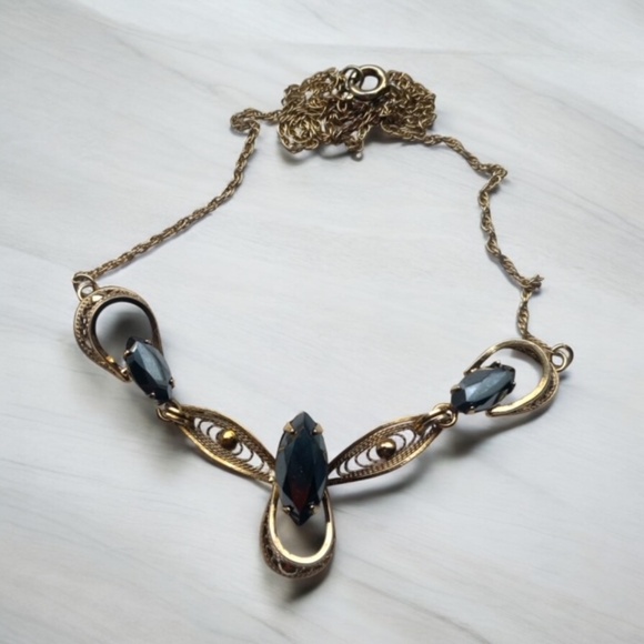 Gold Filled Signed TITAN Vintage Black Hematite Filigree Necklace, 16 inches - Picture 3 of 8